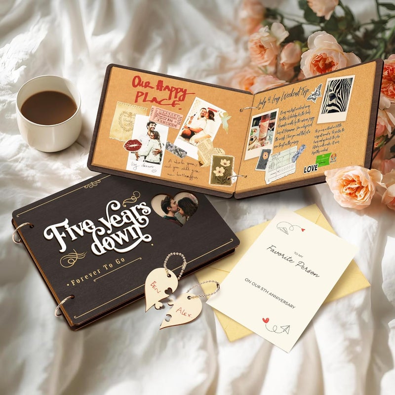 STOFINITY 5 Year Anniversary Wood Gifts For Men Women - Unique 5 Year Wedding Gifts For Husband Wife, Wooden Anniversary Scrapbook Photo Album Journal, Romantic 5th Marriage Gift For Couple - Image 1